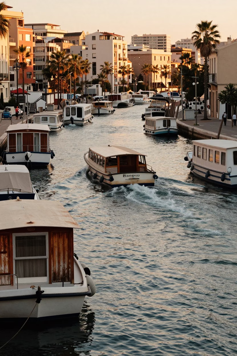 Barcelona Sunset Canal Water Taxi Zigzagging Between Houseboats and Cobblestone Embankments in in Barcelona, Spain