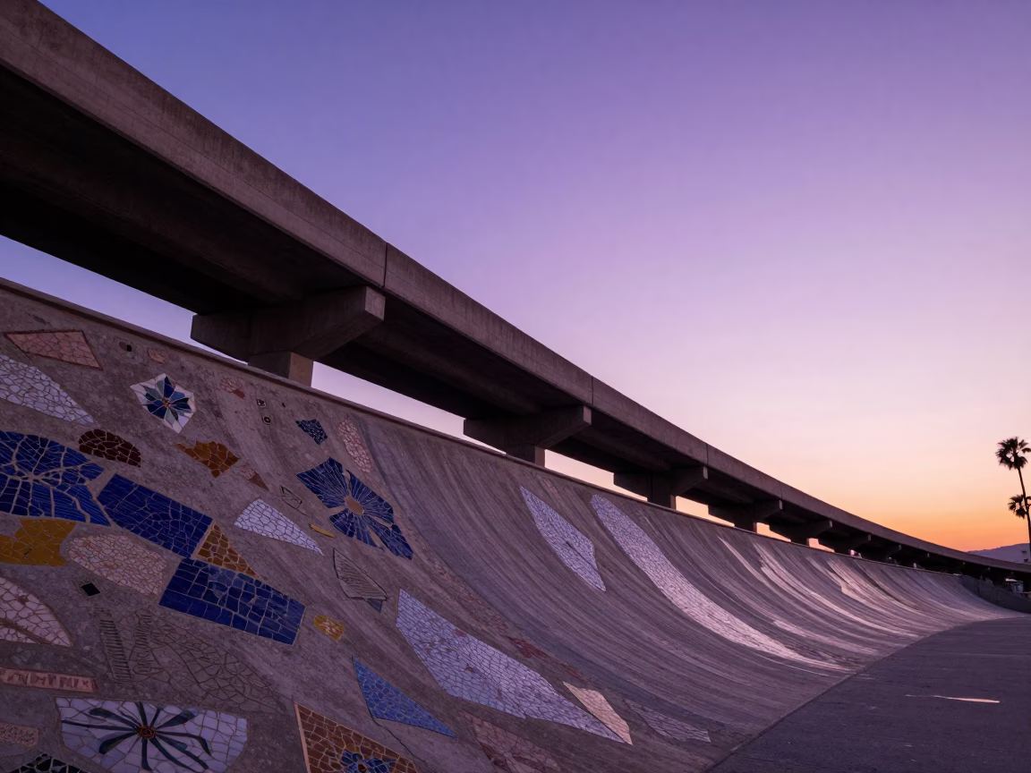 Barcelona Sunset Overpass Ramp Slicing Violet Sky Above Mosaic Tile Fragments in in Barcelona, Spain