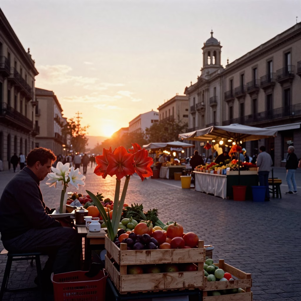 Barcelona Sunset Street Scene with Amaryllis Blooms and Local Market Fruit Crates in in Barcelona, Spain