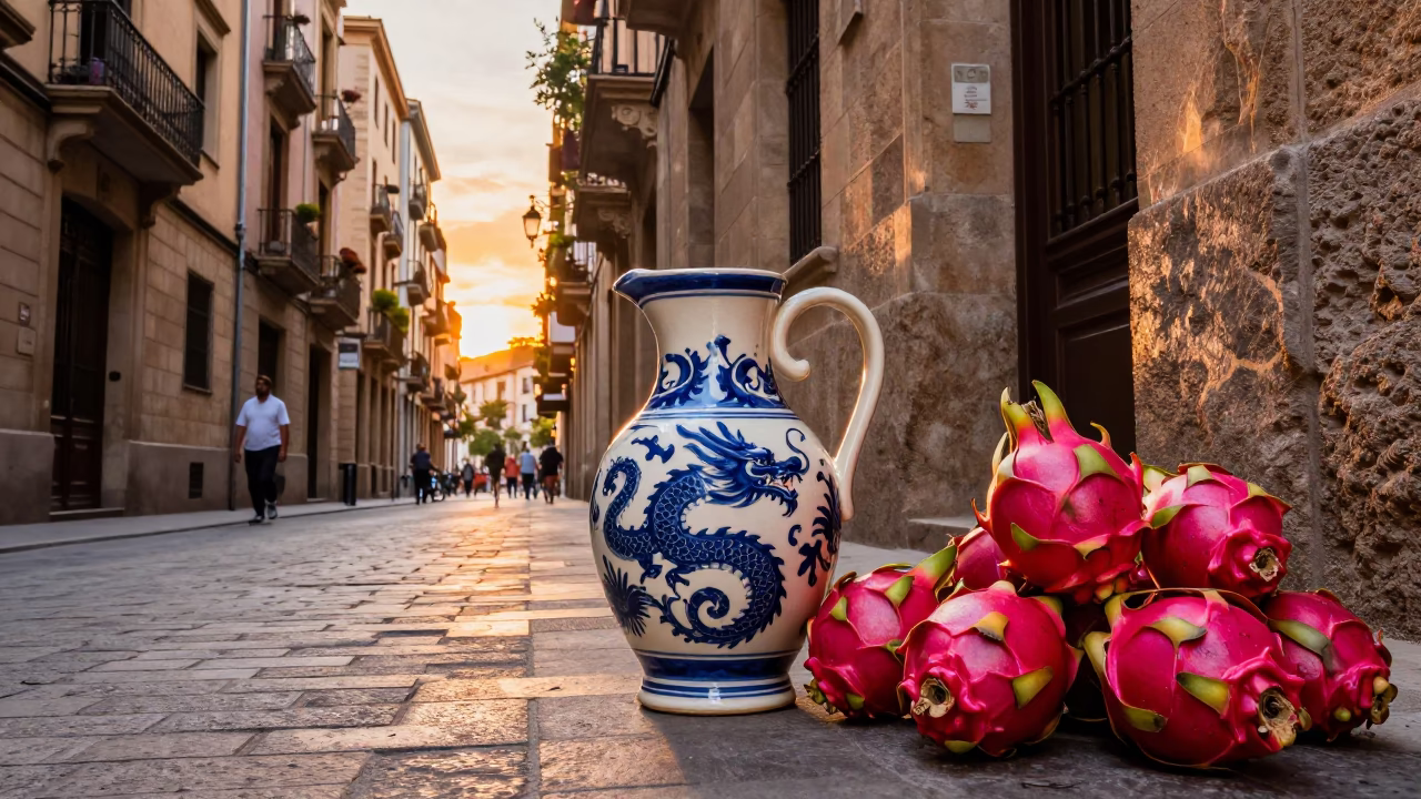 Barcelona Sunset Street Scene with Ceramic Pitcher and Dragon Fruit on Balcony in in Barcelona, Spain