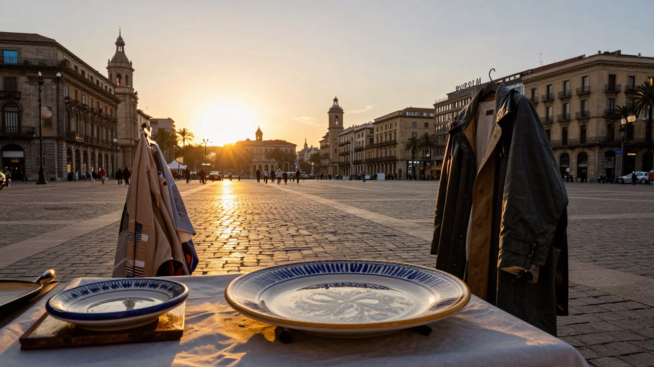 Barcelona Sunset Street Scene with Ceramic Plate and Raincoats in in Barcelona, Spain