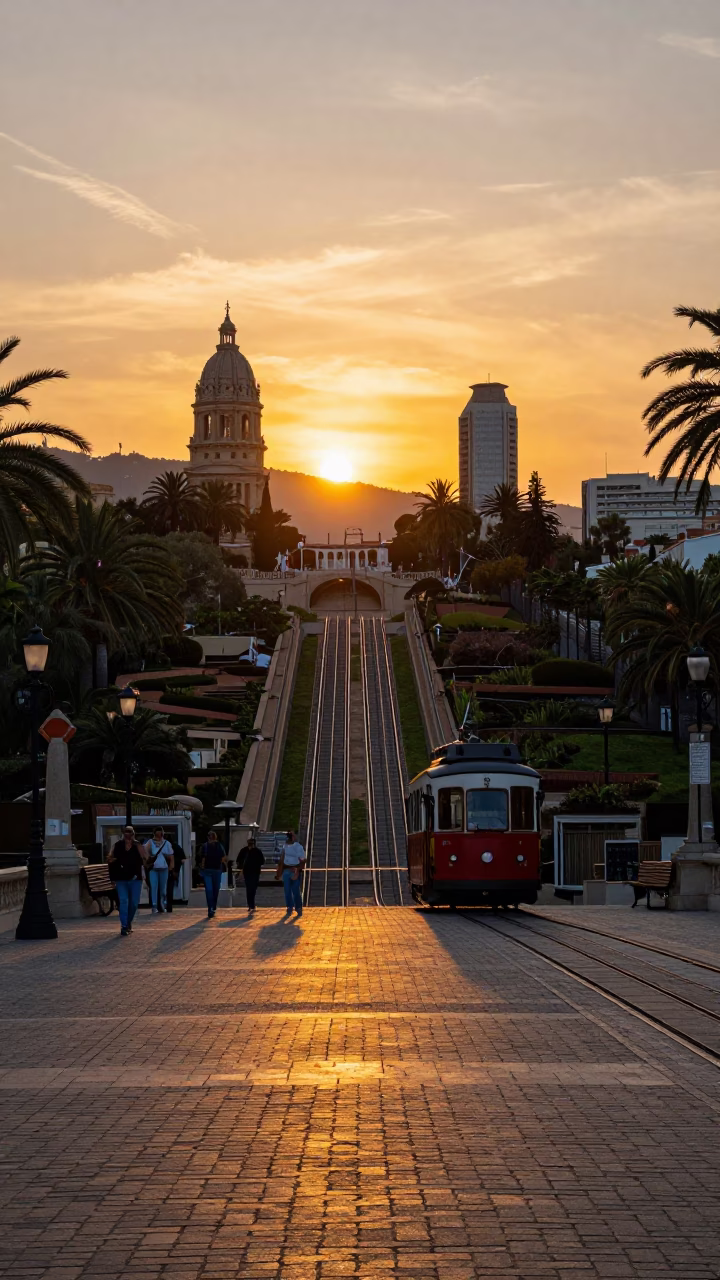 Barcelona Sunset Street Scene with Funicular and Terraced Gardens at Dusk in in Barcelona, Spain