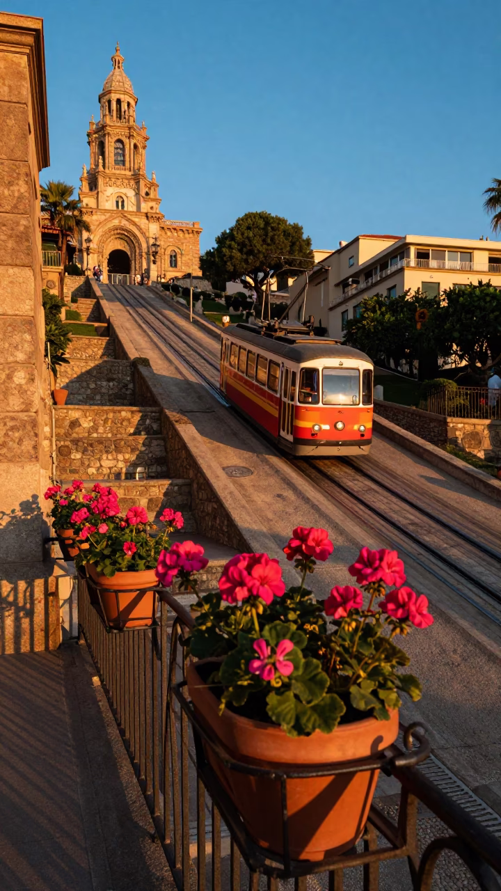 Barcelona Sunset Street Scene with Funicular Railway and Flowering Plants in in Barcelona, Spain