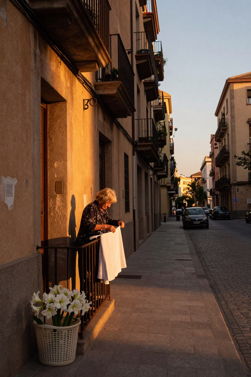 Barcelona Sunset Street Scene with Laundry Basket and Amaryllis Flowers in in Barcelona, Spain