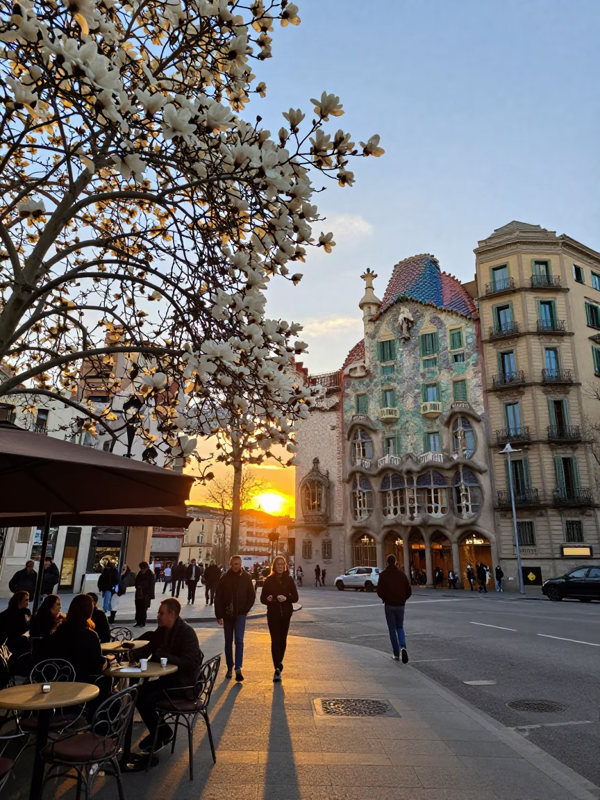 Barcelona Sunset Street Scene with Magnolia Bloom and Gaudi Architecture in in Barcelona, Spain