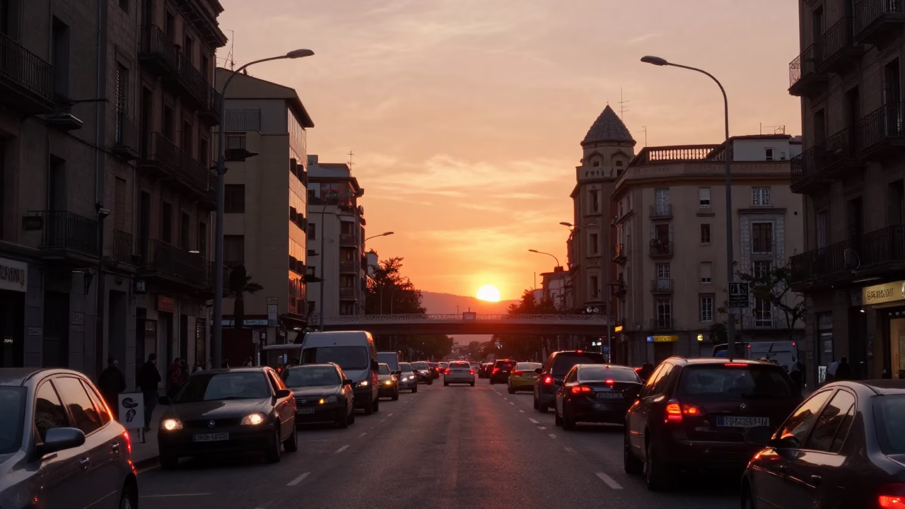 Barcelona Sunset Street Scene with Overpass Taillights and Local Life in in Barcelona, Spain