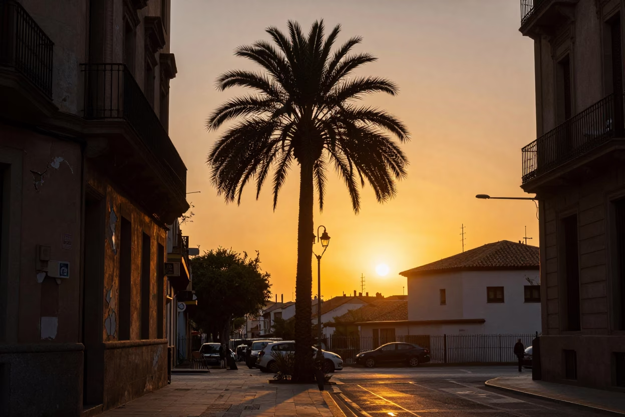 Barcelona Sunset Street Scene with Palm Silhouette and Chipped Blue Enamel Detail in in Barcelona, Spain