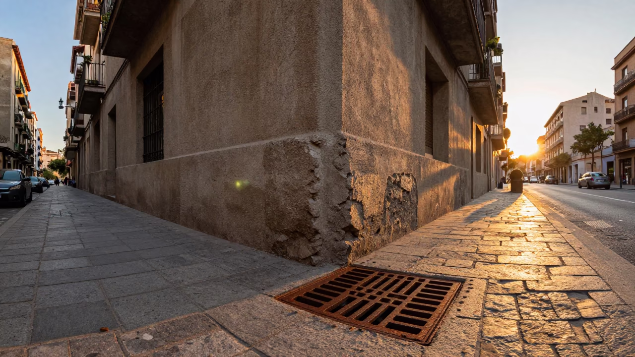 Barcelona Sunset Street Scene with Rusty Drain and Urban Texture in in Barcelona, Spain