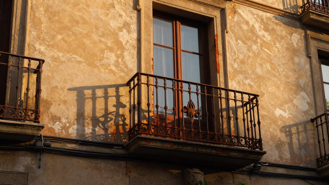 Barcelona Sunset Street Scene with Rusty Window and Hand Mirror Reflection in in Barcelona, Spain