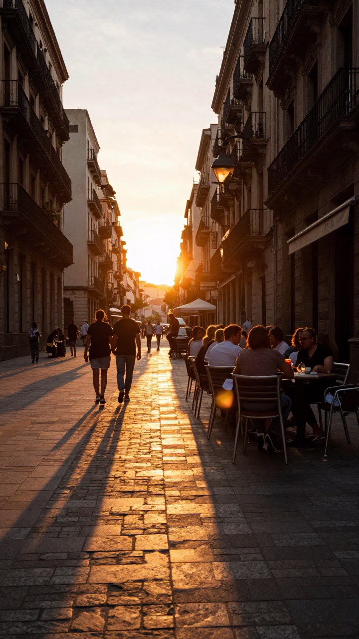 Barcelona Sunset Street Scene with Sunlight Stripes on Cobblestone and Local Diners in in Barcelona, Spain