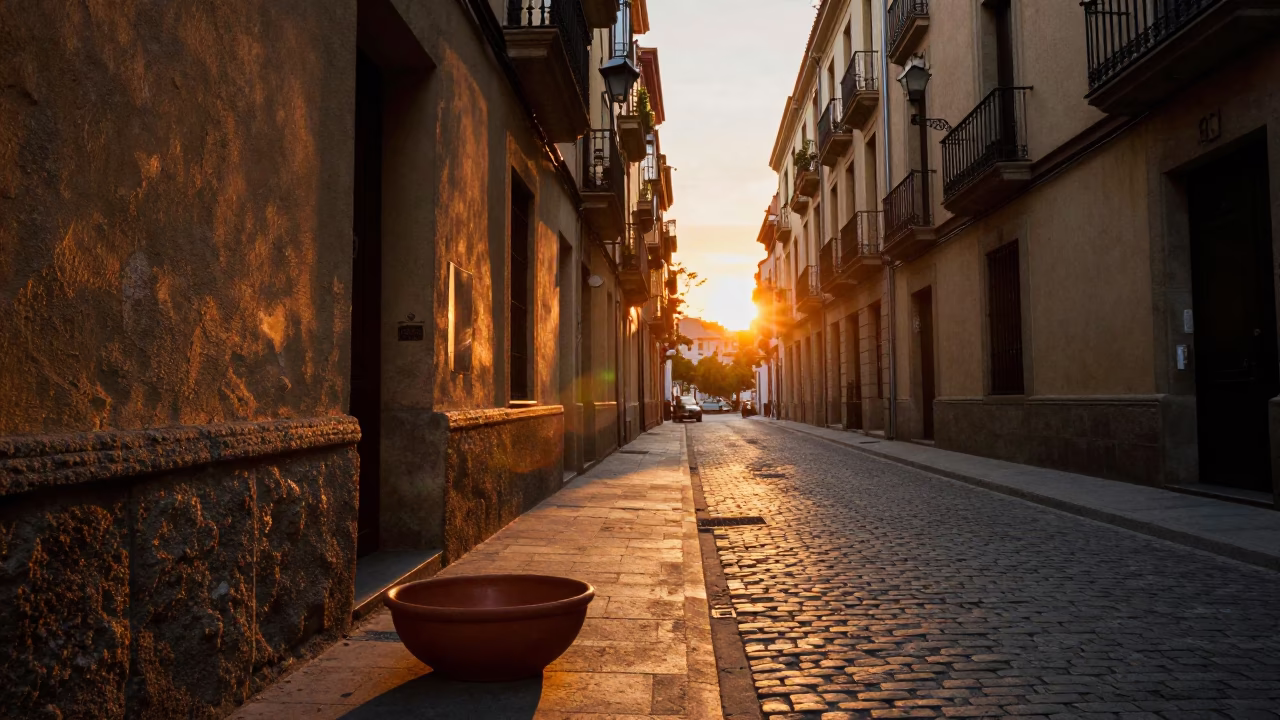 Barcelona Sunset Street Scene with Terracotta Bowl and Local Dining in in Barcelona, Spain