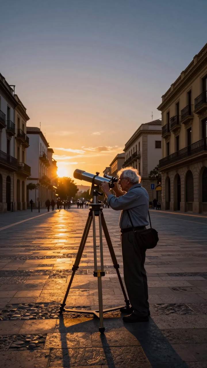 Barcelona Sunset Street Scene with Vintage Telescope and Local Life in in Barcelona, Spain