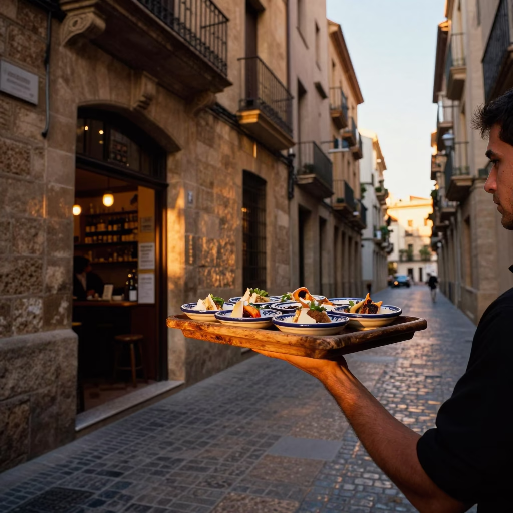 Barcelona Sunset Street Scene with Wooden Tray and Traditional Tapas Bar Ambience in in Barcelona, Spain