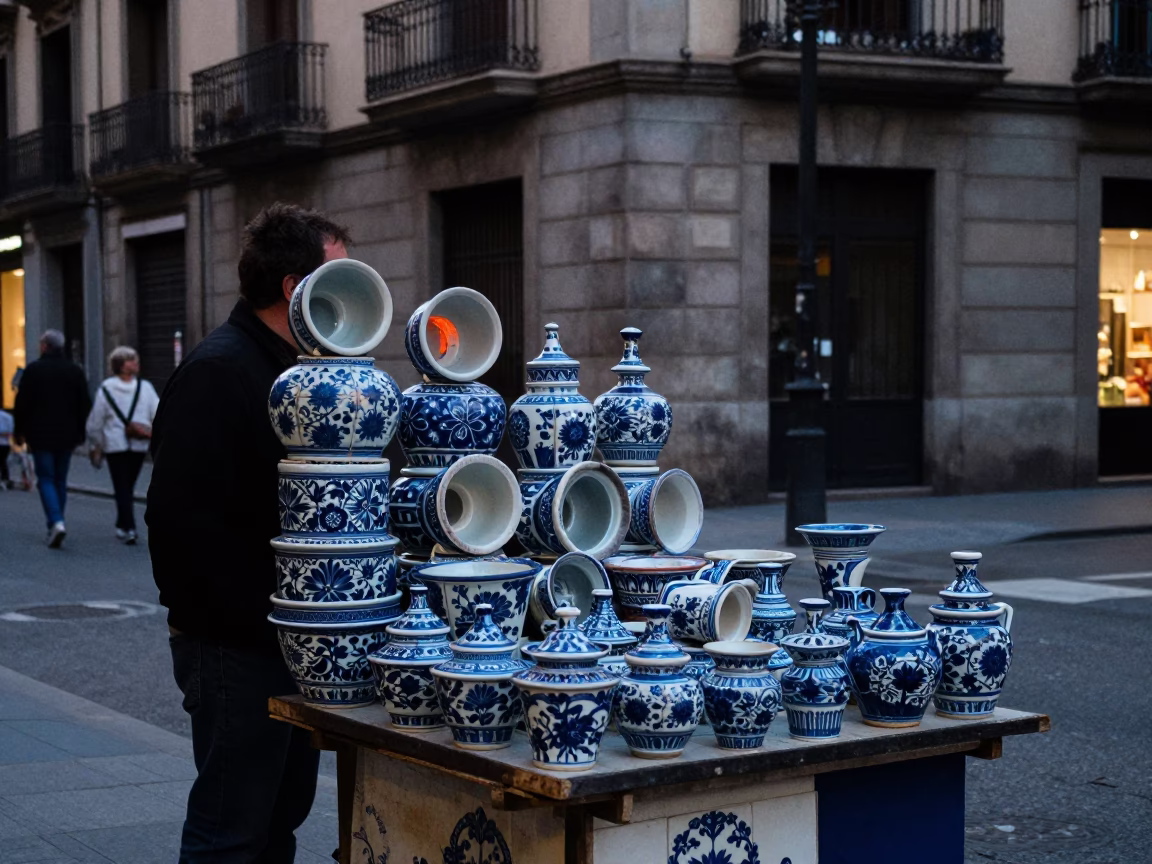 Barcelona Twilight Street Scene with Blue Floral Porcelain and Urban Interchange Lights in in Barcelona, Spain