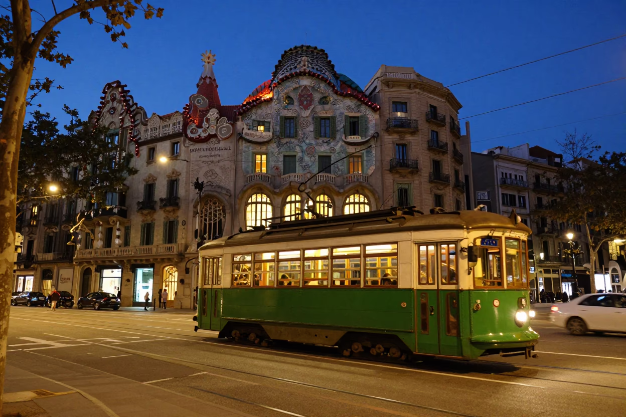 Barcelona Twilight Street Scene with Tram and Art Nouveau Architecture in in Barcelona, Spain