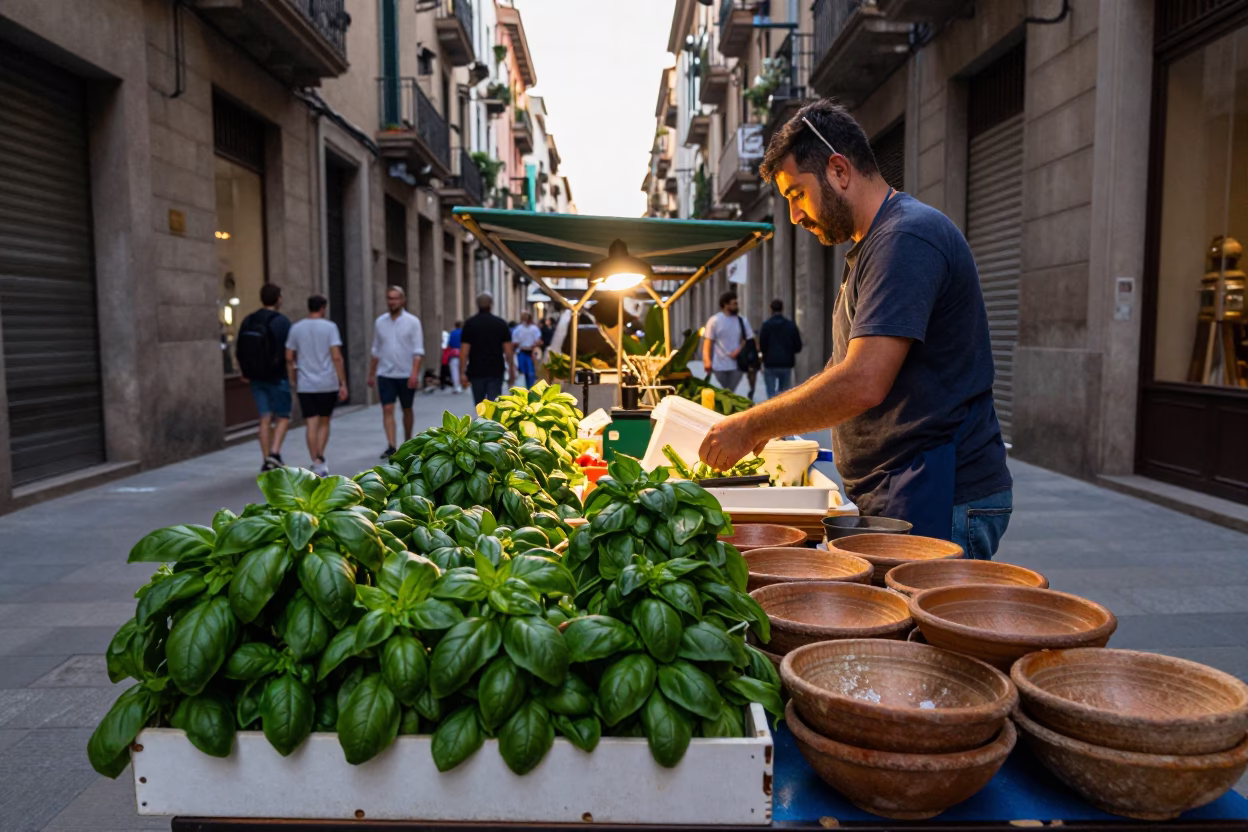 Barcelona Vendor Stall at Nautical Dawn Light in in Barcelona, Spain