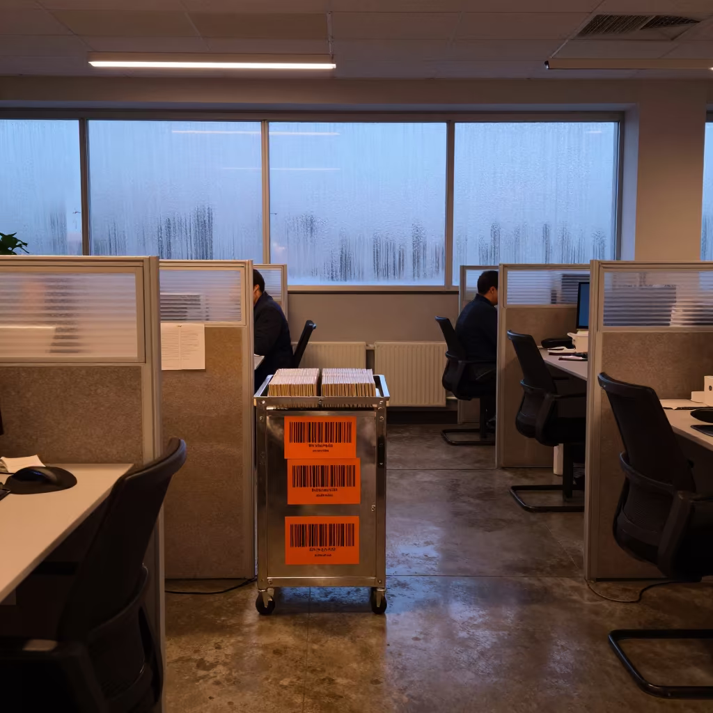 Barcode Cart in Monte Grande Office Before Dawn in inside an open-plan office bay in Monte Grande