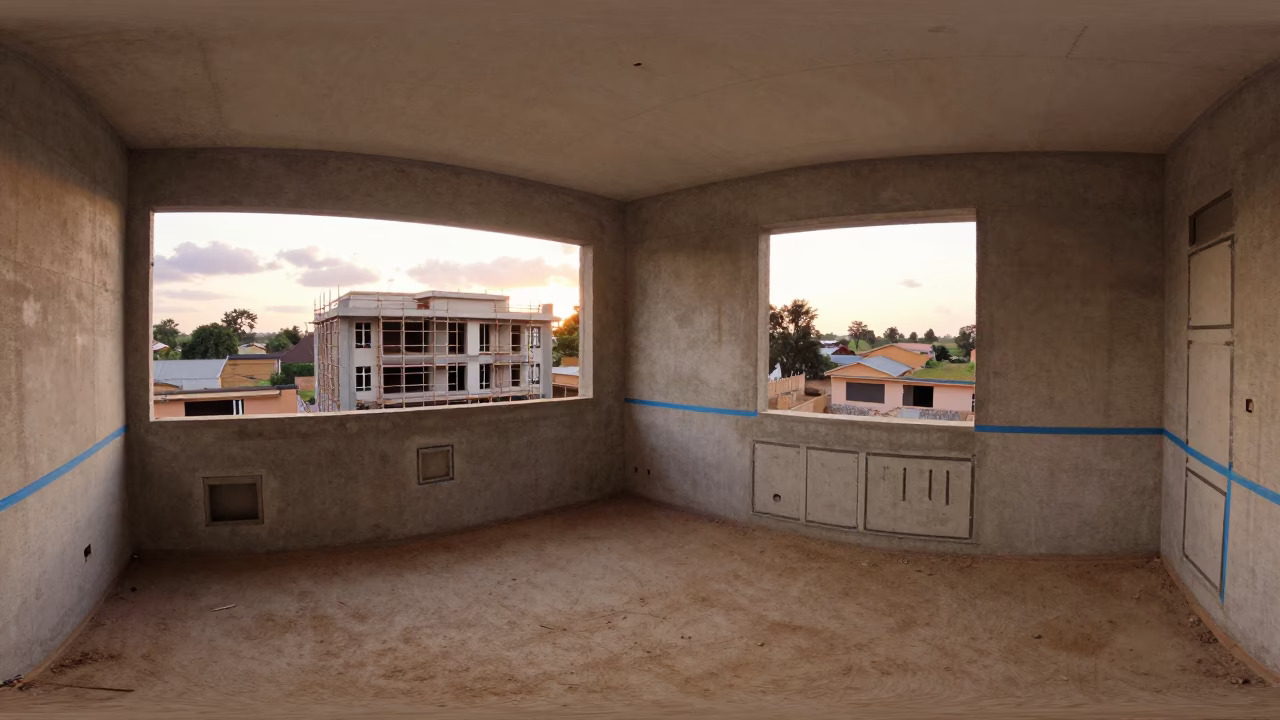 Bare Apartment Rough-Ins at Kumasi Sunset in along a scaffolded facade near Kumasi