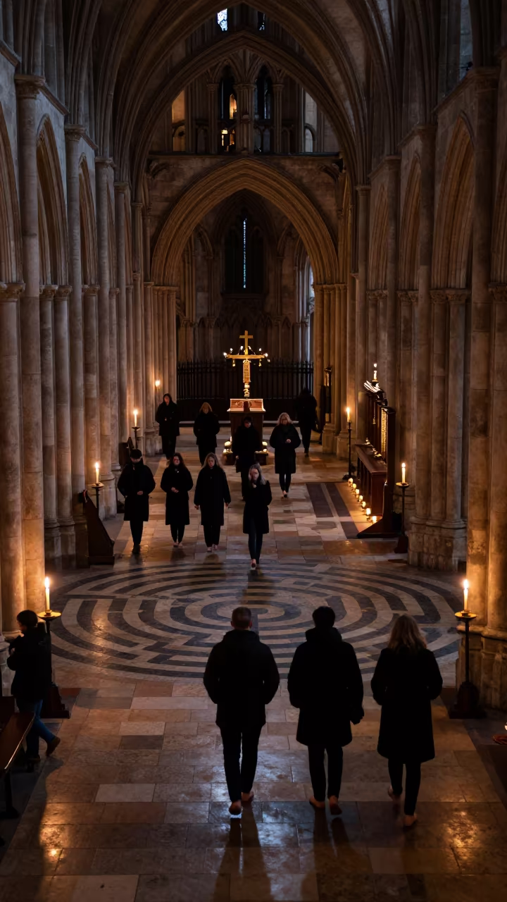 Barefoot Pilgrims Walking Cathedral Labyrinth at Midnight in inside a candlelit nave in Chelmsford