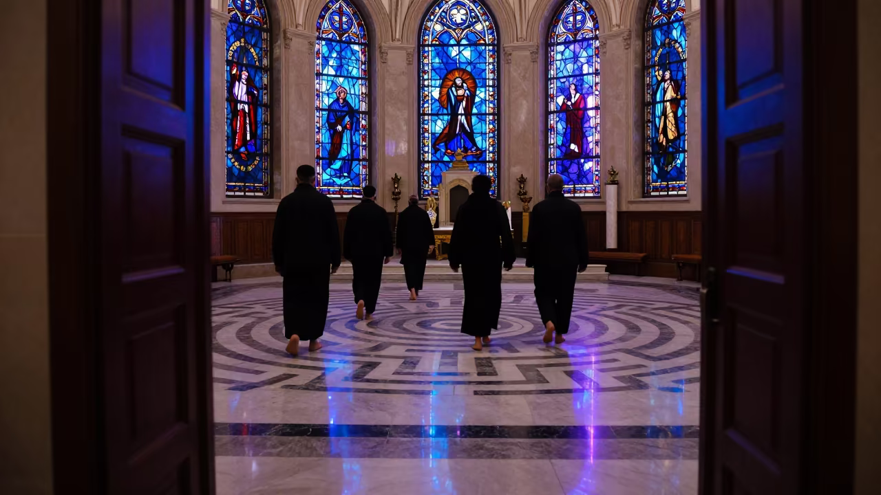 Barefoot Pilgrims Walk Cathedral Labyrinth Riyadh in in a chapel lit by stained glass in Riyadh