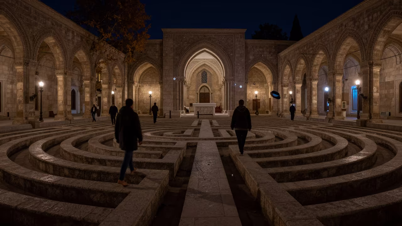 Barefoot Pilgrims Frozen Mid-Step on Labyrinth in at the foot of a stone altar in Kirkuk
