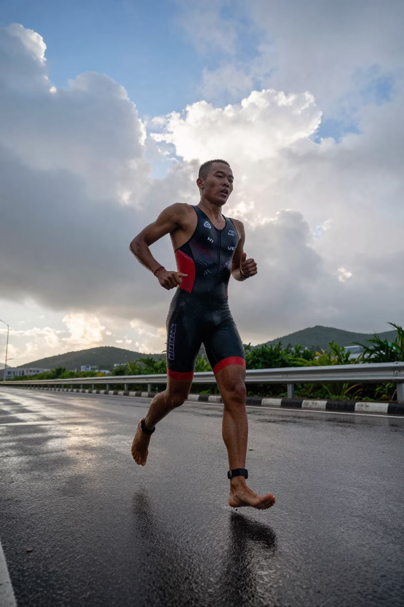 Barefoot Triathlete Sprinting in Macau After Storm in at a roadside stop near Macau