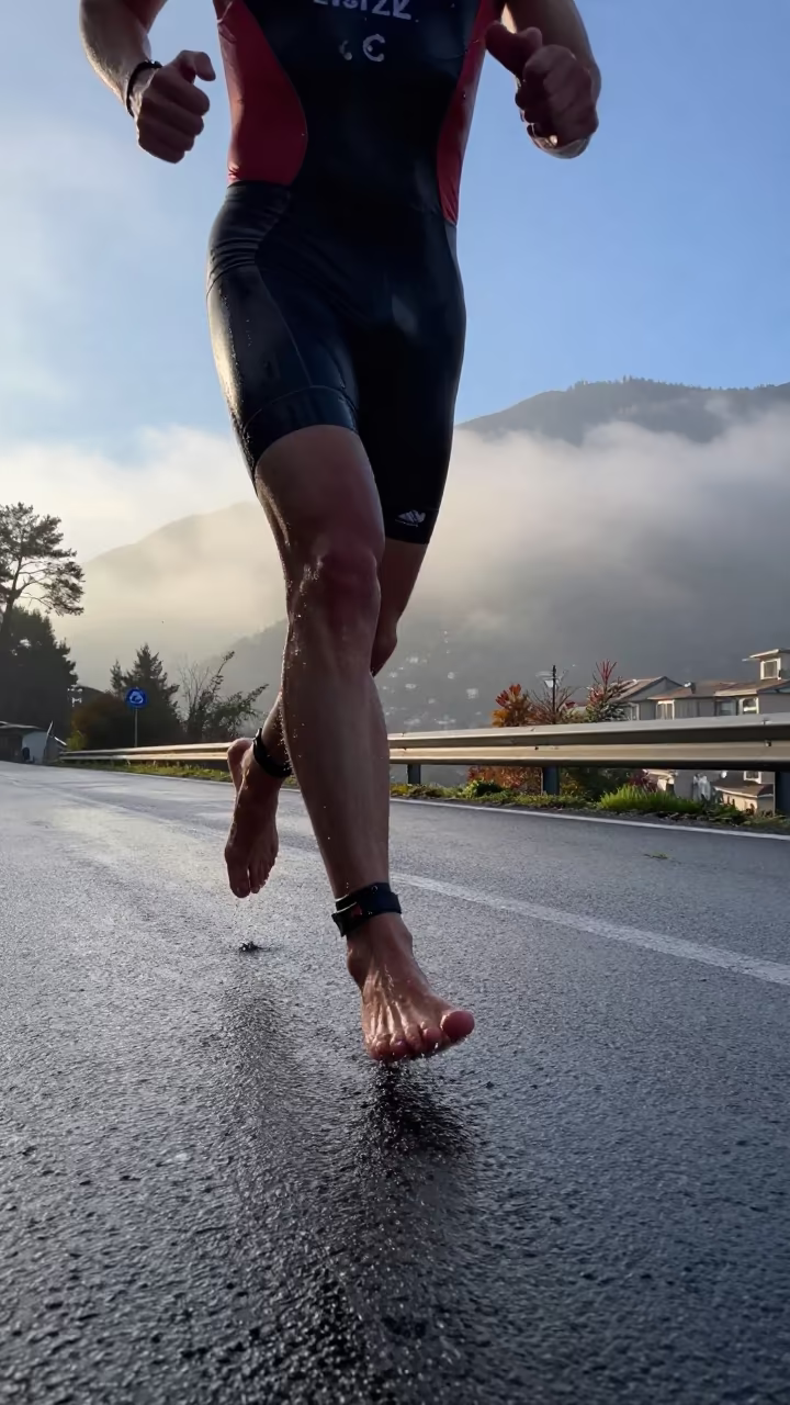 Barefoot Triathlete Sprinting Through Genoa Mist in at a roadside stop near Genoa