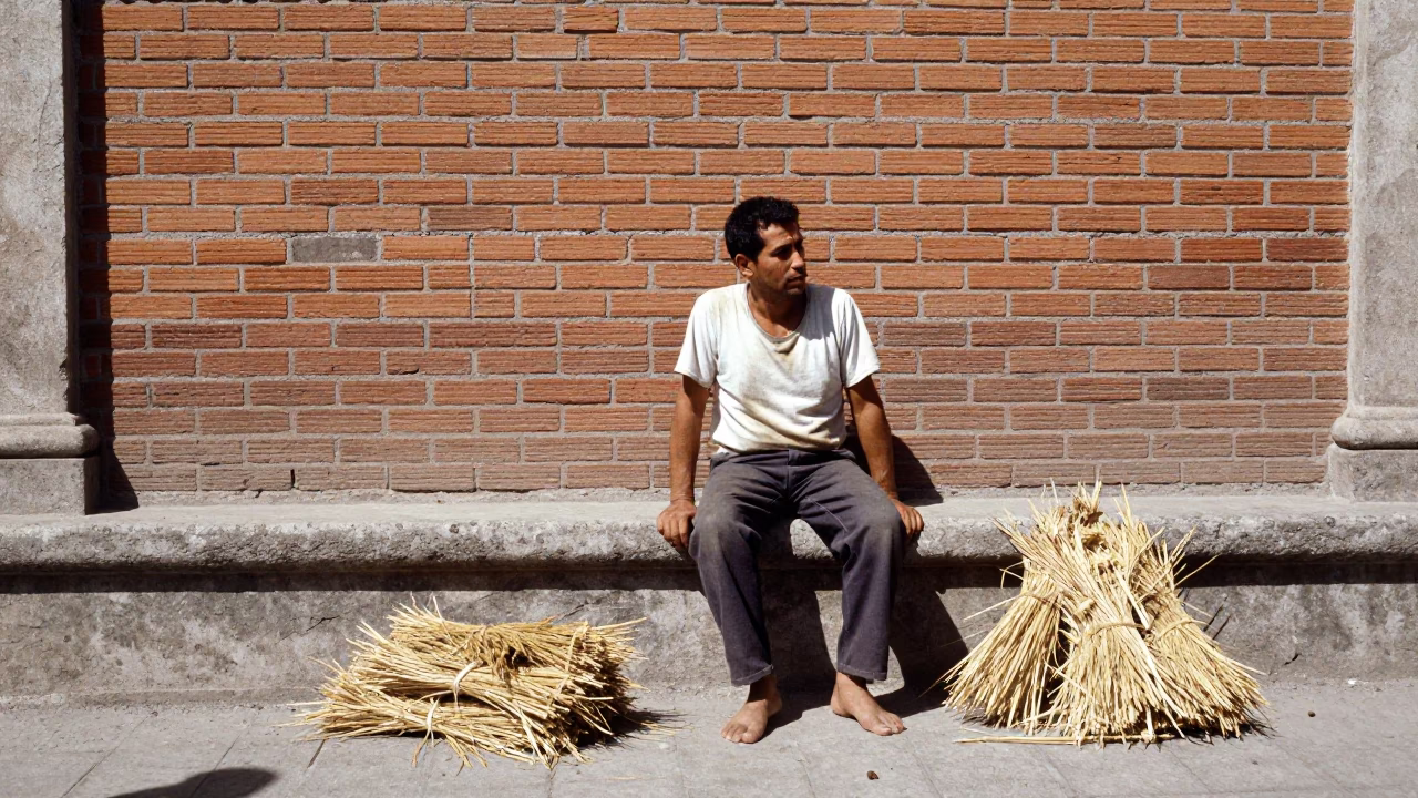 Barefoot Worker Rests Near Brick Wall in Guadalajara Noon Light in in Guadalajara, Mexico