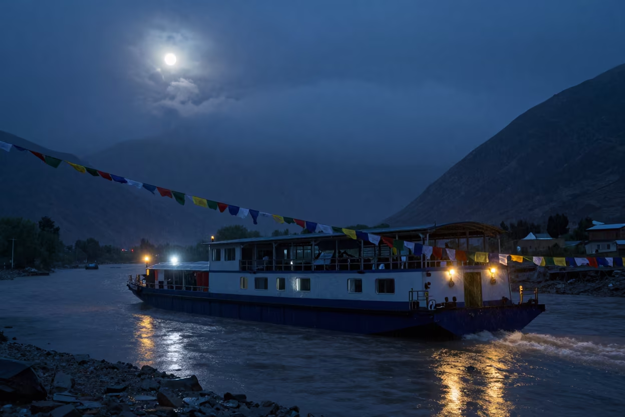 Barge on Mountain Pass Under Rain at Night in along a high mountain pass beneath prayer flags near Leh