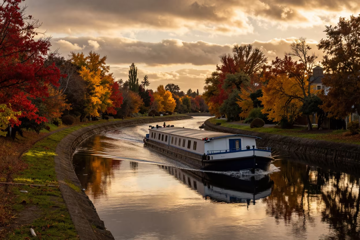 Barge Navigating Bend in Chilean Canal Autumn in along a switchback approach in Chile