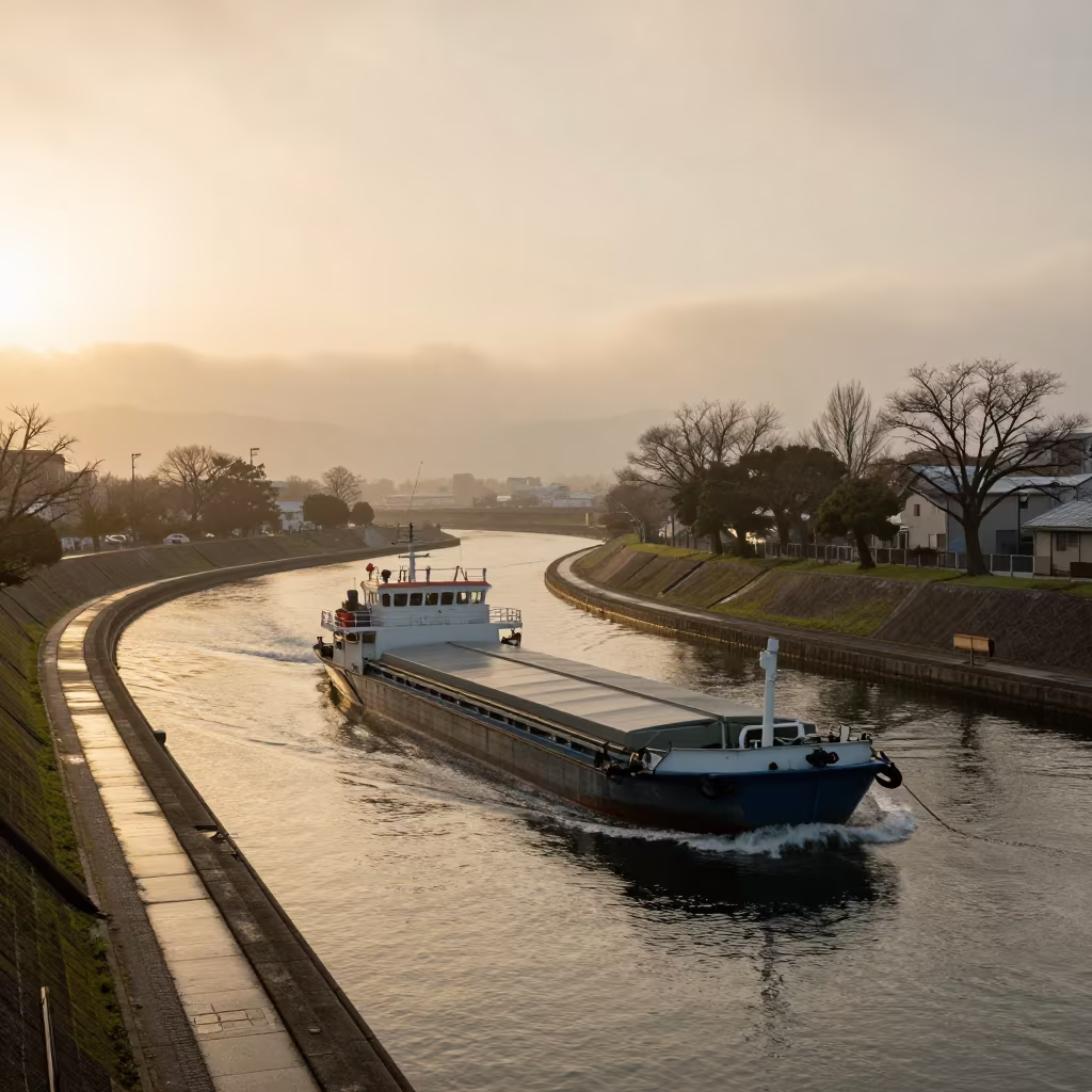 Barge Navigating Bend in Foggy Osaka Canal at Golden Hour in beside a fogbound harbor mouth near Osaka