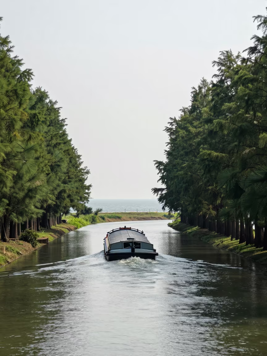 Barge Navigating Bend in Greek Tree Canal in across a remote ferry crossing in Greece