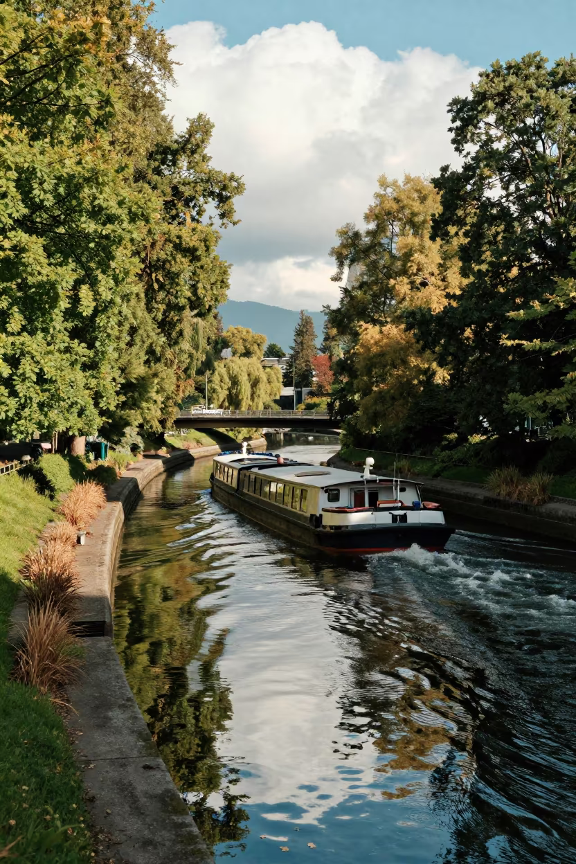 Barge Navigating Bend in Tree-Lined Canal in on a wind-open causeway near Yaletown, Vancouver