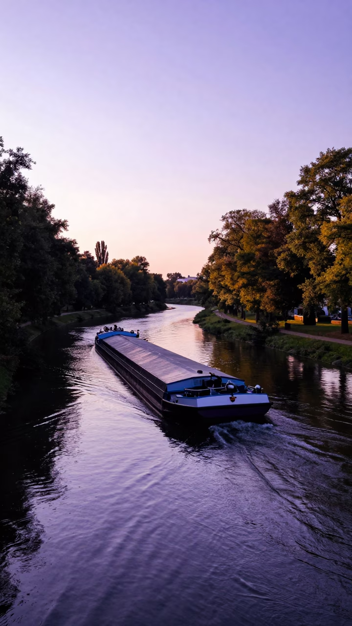 Barge Navigating Tree Lined Canal at Sunset Light in Vienna in in Vienna, Austria