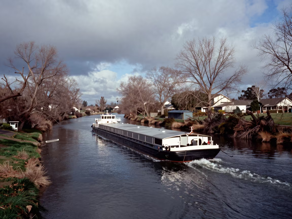 Barge Navigating Tree Lined Canal Bend in along a switchback approach in California