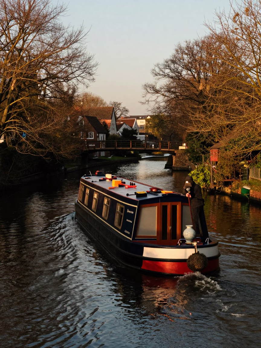 Barge Navigation in Bristol at Honeyed Evening Light in in Bristol, United Kingdom