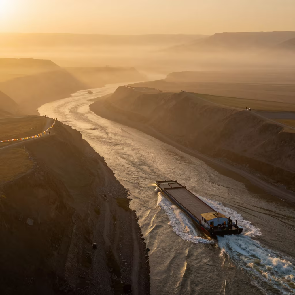 Barge Wakes on Wind Ridge Lhasa Sunset Mist in on a wind-cut ridge below prayer flag lines near Lhasa
