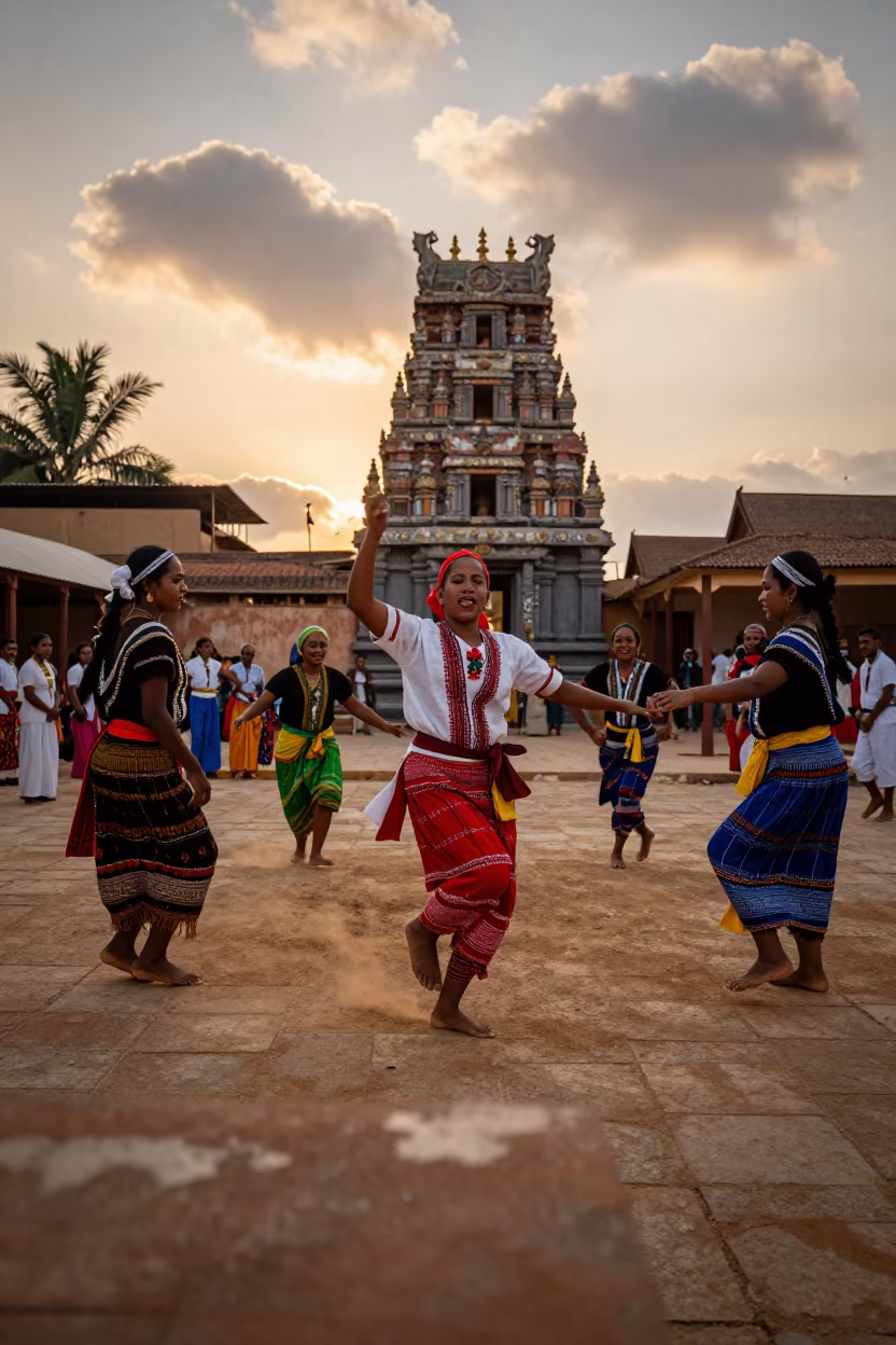 Bari Folk Dancers in Traditional Costumes at Sunset in in a temple courtyard near Bari