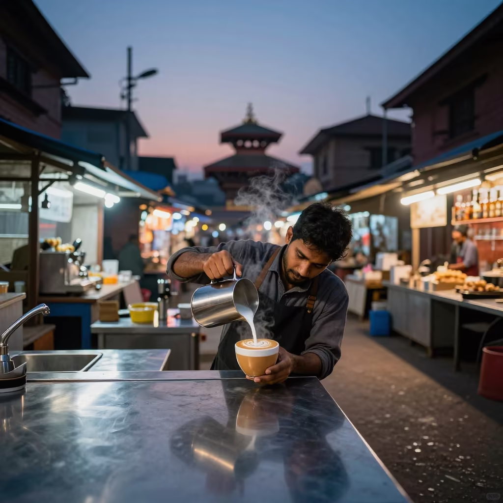 Barista Pouring Rosetta in Neon Market Hall in in a market hall in Lalitpur