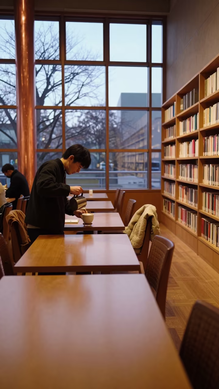 Barista pours latte art in Ueno library winter in in a library reading room in Ueno, Tokyo