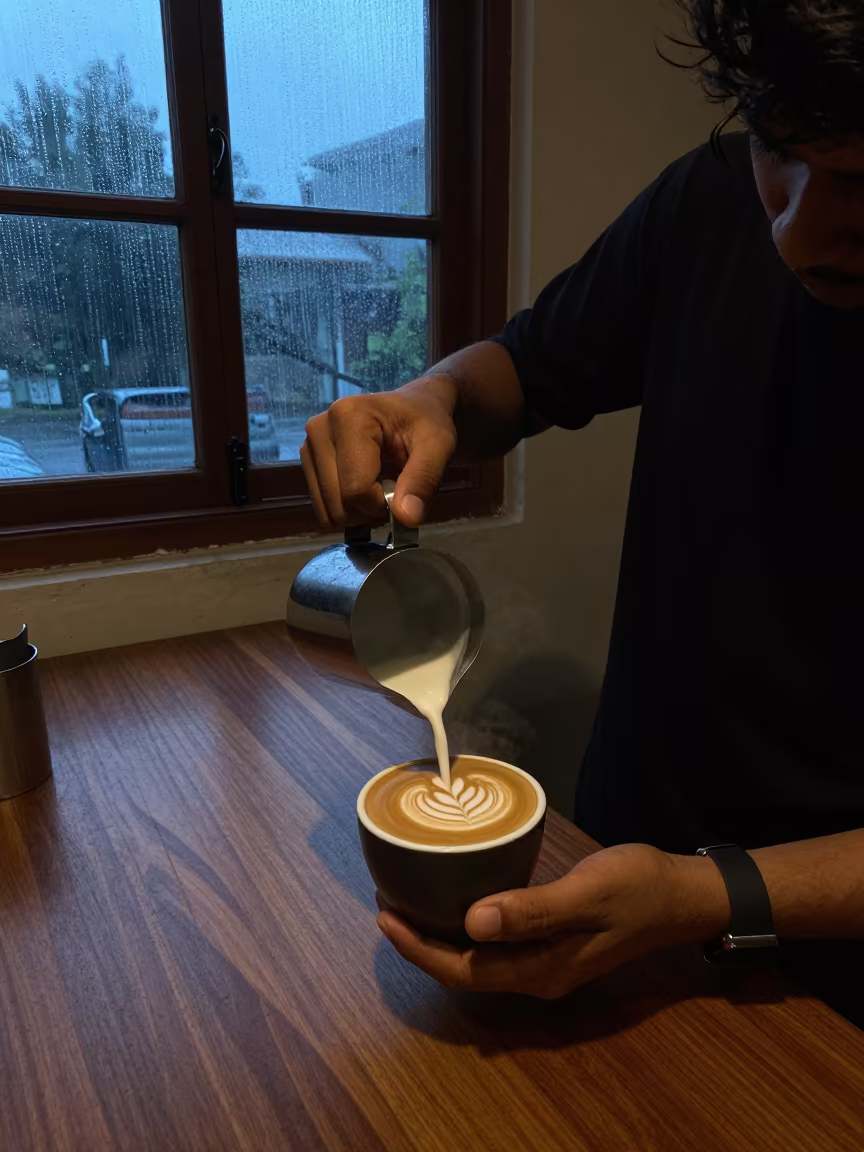 Barista Pours Rosetta Latte Art in Nagpur Dawn in in a rehearsal room in Nagpur