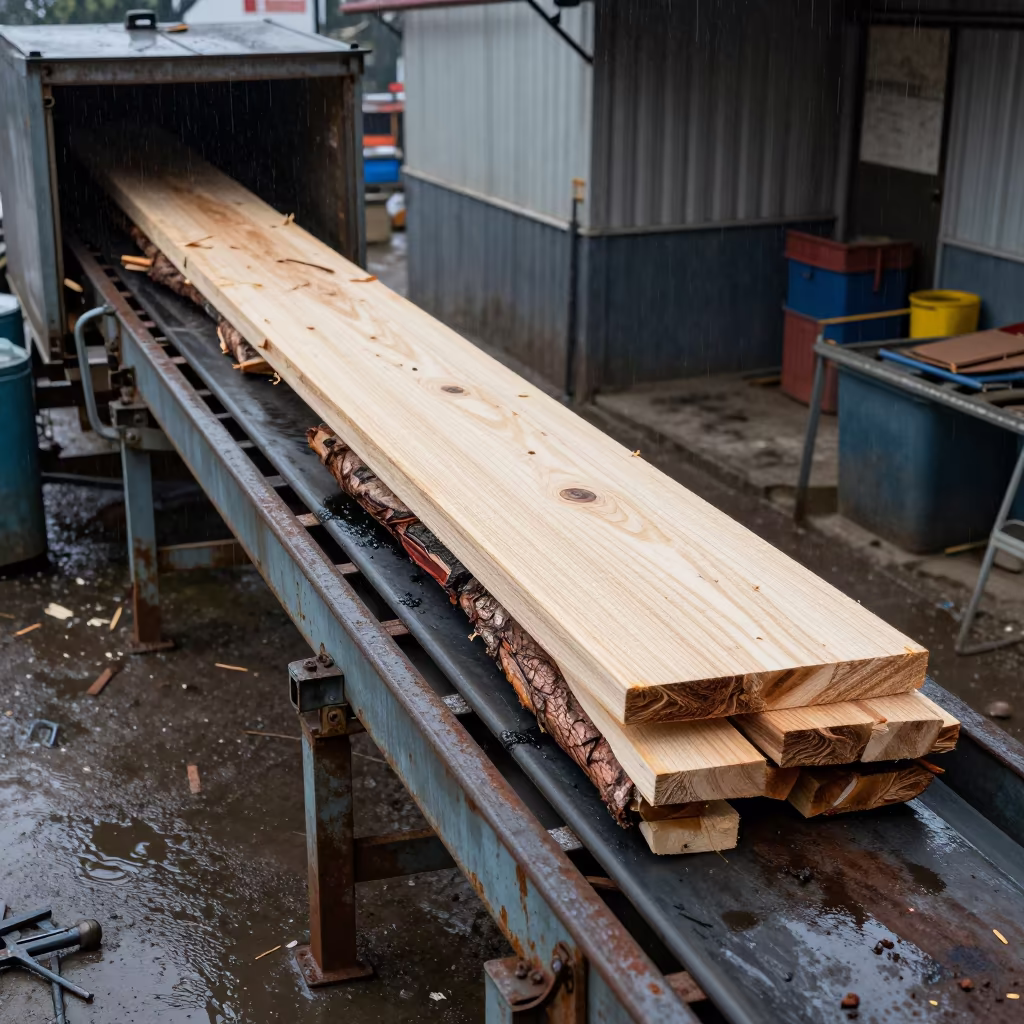 Bark and Slabs on Sawmill Conveyor in Kathmandu in in a welding bay near Ason, Kathmandu