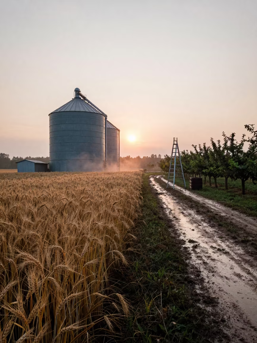 Barley Field Silo Georgia Dawn After Rain in among orchard ladders and crates in Georgia