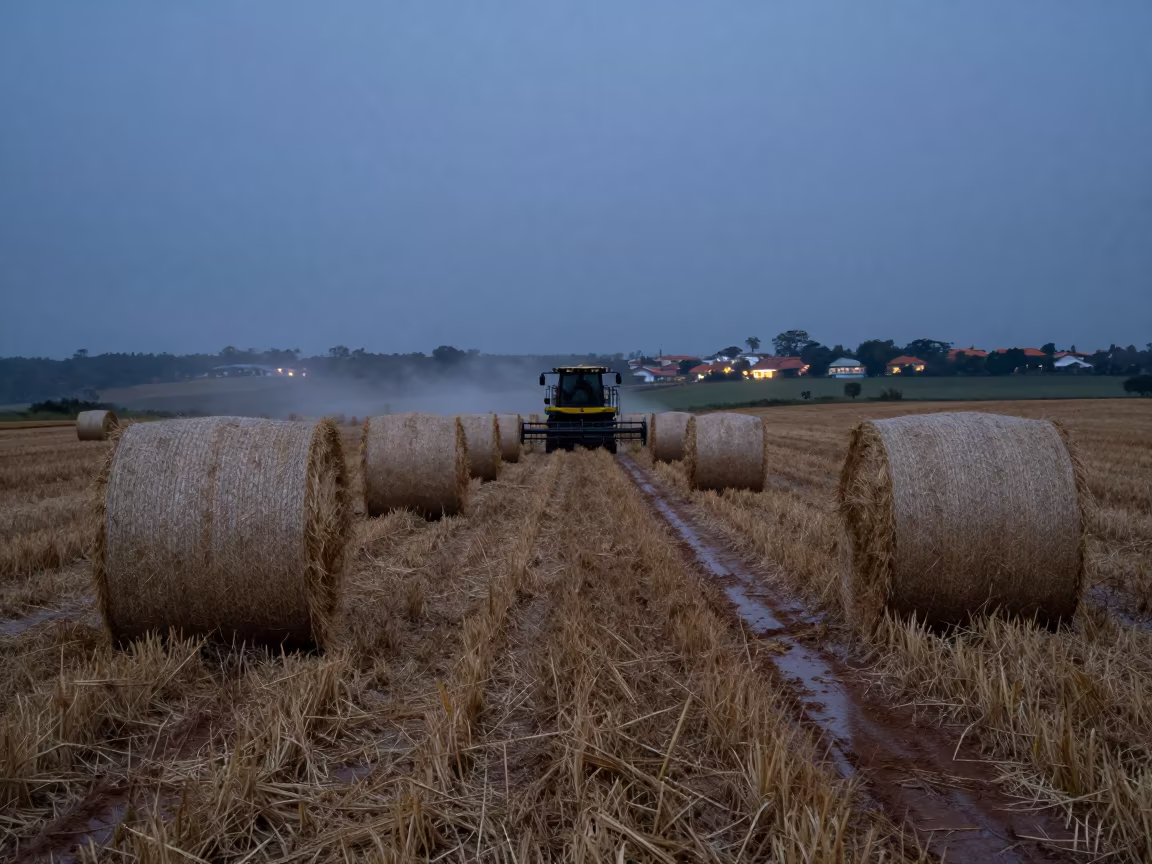 Barley Path Hay Bales Twilight Fog in beside stacked hay bales in Centro, Rio de Janeiro