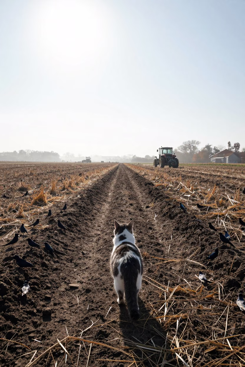 Barn Cat Watching Swallows Over Farmyard in beside a tractor track through dark soil near Chicago