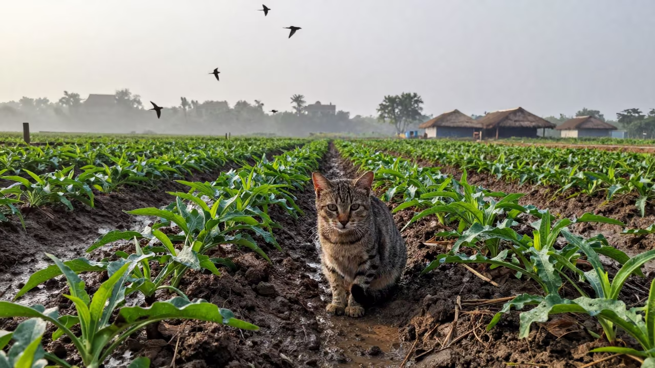 Barn Cat Watching Swallows Over Irrigated Rows in along freshly irrigated rows in Bhubaneswar