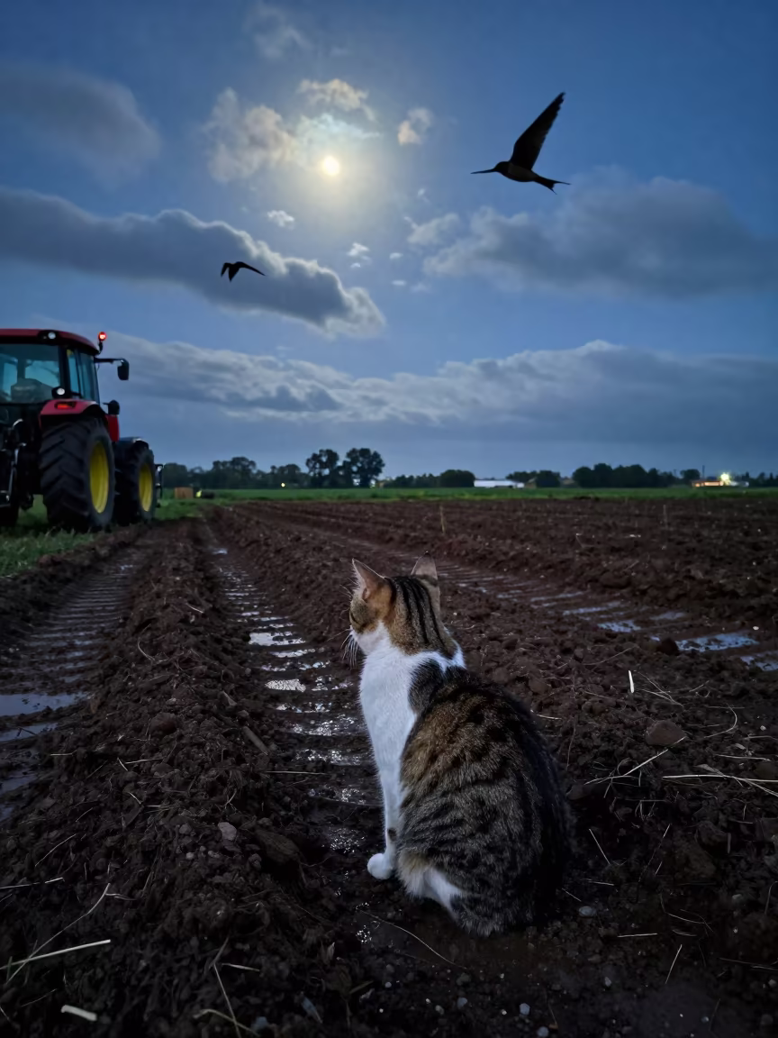Barn Cat Watching Swallows Moonlit Farmyard Cuenca in beside a tractor track through dark soil in Cuenca
