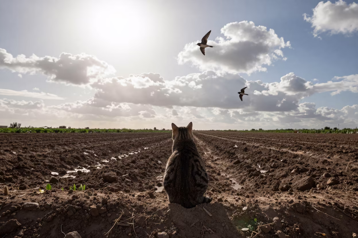 Barn Cat Watching Swallows Over Irrigated Rows in along freshly irrigated rows in Valencia