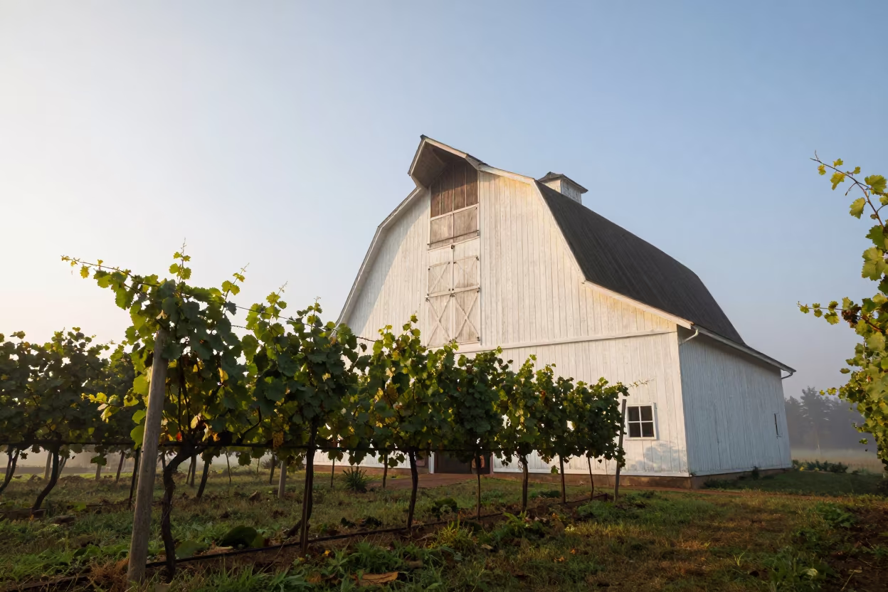 Barn Cupola Rising Above Vineyard Mist in between vineyard trellises in Kumasi