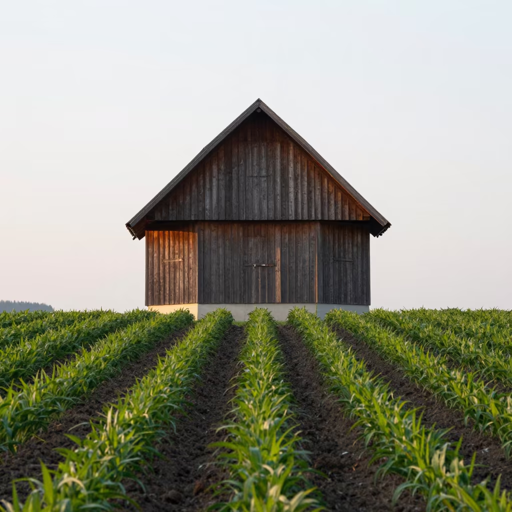 Barn Cupola Over Zurich Fields Morning Light in along freshly irrigated rows in Langstrasse, Zurich
